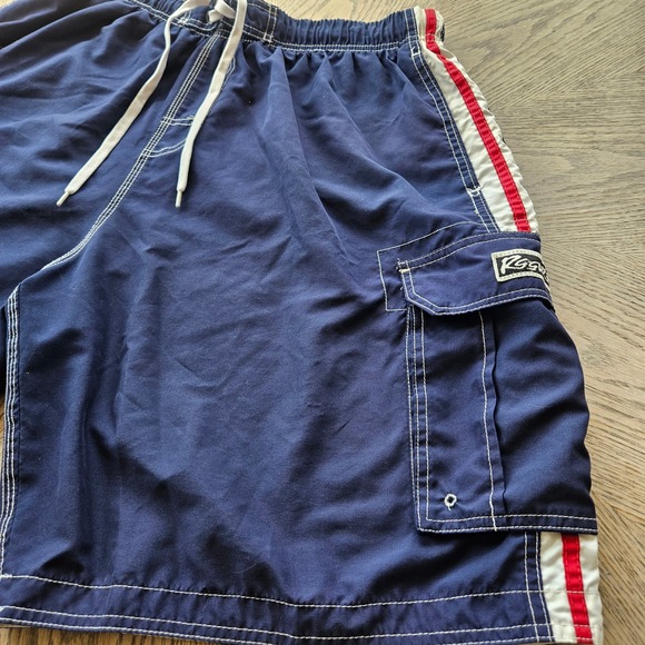 RS Surf Cargo Board Shorts Mens Large Blue 90s Style Swim Trunks Striped Side - Picture 2 of 12